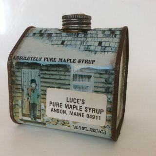 Vintage Anson,  Maine Maple Syrup Log Cabin Tin Luce’s Tin Seal Intact