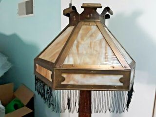 Large Antique Arts & Crafts Slag Glass Brass Lamp Light Shade Beaded Fringe 18 "