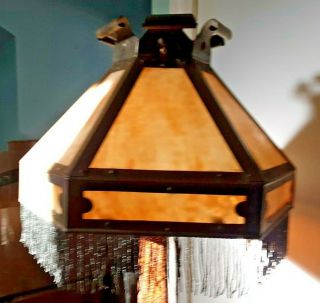 Large Antique Arts & Crafts Slag Glass Brass Lamp Light Shade Beaded Fringe 18 
