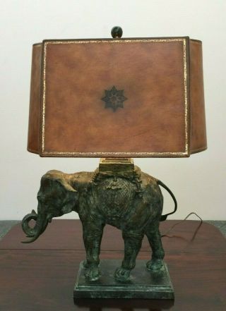 Maitland Smith Bronze Elephant Table Lamp Faux Leather Shade