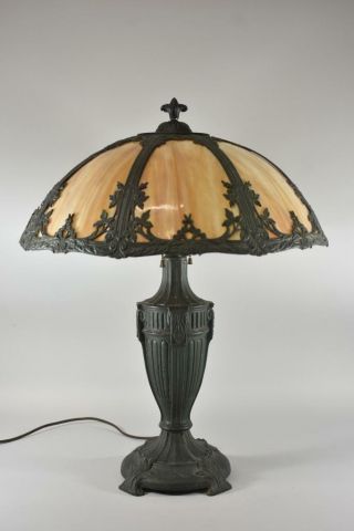 Antique Bent Slag Glass Panel Table Lamp Floral Details Two Sockets 2