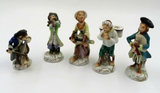 Antique Group 5 Unmarked German Meissen Style Porcelain Monkey Band Figurines