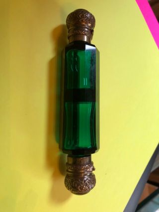 Rare Antique Dark Green Glass Double Ended Scent Ornate Brass Tops E10
