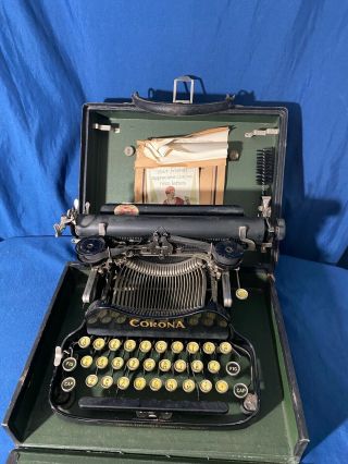 Vtg Antique Corona 3 Standard Portable Folding Typewriter W/case Paperwork 20s