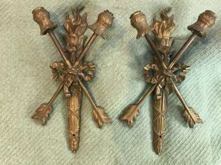 Vintage French Bronze Brass Empire Wall Sconces Lights Arrows Flames