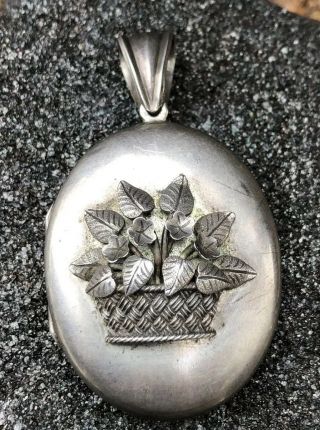 Antique Victorian Sterling Silver High Relief Basket Of Flowers Locket Pendant