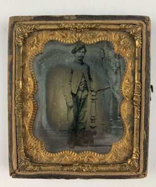 Rare 6th Plate Ruby Ambrotype Civil War Soldier Unusual Uniform Cap Hand - Tinted