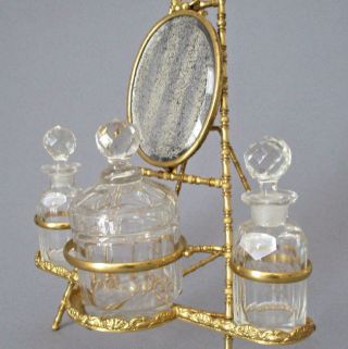 Antique 19thc French Crystal,  Dore Bronze 3 Bottles,  Mirror Vanity Set