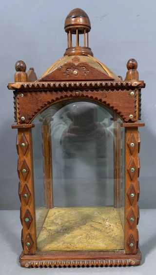 Antique Tramp Art Style Carved Wood Cigar Box Old Glass Size Folk Display Case