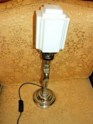 Art Deco Diana Nude Chrome Lady Lamp With Geometrical Shape Glass Shade