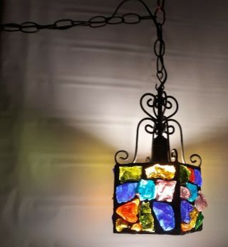 Nader Chunky Glass Jeweled Rock Gem Hanging Iron Lamp/ Lantern Peter Marsh Style