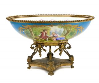 Sevres Style French Porcelain And Gilt Bronze Footed Oval Bowl,  Circa 1900