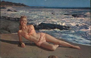 Swimsuit/pinup Girl On A Beach In A Peach Bikini Chrome Postcard Vintage