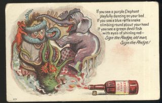 1910 Comical Prohibition Post Card,  Sign The Pledge - Old Crow Whiskey Bottle