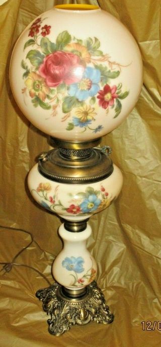 Antique Victorian Banquet Parlor Lamp Gone With Wind Hand Painted Glass Shade