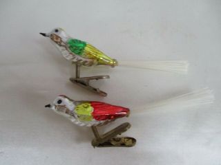 (2) Vintage Clip - On Blown Glass Birds Christmas Ornaments Bristle Tail