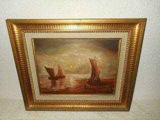Old Oil Painting,  {coast Scene With A Full Moon,  Camille Louis 1880 - 1960}.