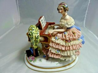 Antique Dresden Lady At Piano Lace Dress,  German Figurine 8 " Long 8 " High Appro