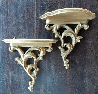 Vintage Syroco Gold Wood Wall Display Shelf Sconces Grooved Plate Shelves Pair