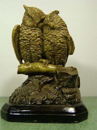 1871 Year Antique English Majolica Owl Pair Figurine Very Sweet