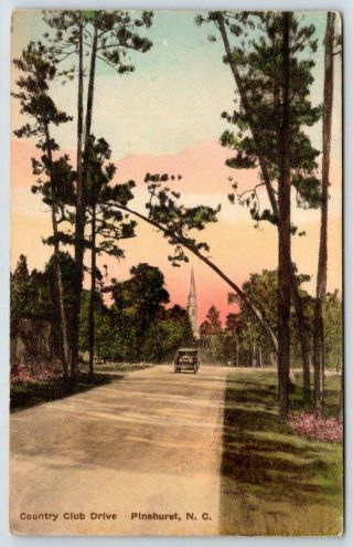 1934 Pinehurst Nc Country Club Drive Hand Colored Vintage Postcard Old Car