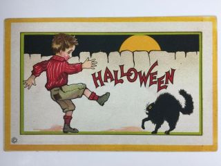 Vintage Halloween Postcard Stecher Lith.  Co Series 90 B,  Boy Kicking Black Cat,
