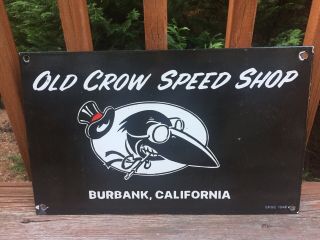 Vintage Old Crow Speed Shop Hot Rod Heavy Porcelain Sign 18”x11” Gas & Oil