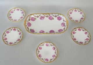 Antique Hand Painted Limoges T&v Serving Tray &plates,  Pink Floral Cabbage Roses