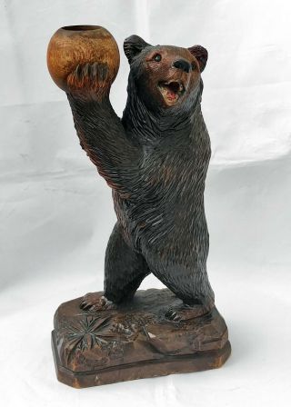 Antique Black Forest Carved Wood Sculpture Lamp Animal Figurine Bear By Ruef