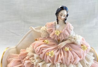 Antique Dresden Lace Figurine - Germany - Woman on Couch/Sofa 2