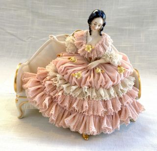 Antique Dresden Lace Figurine - Germany - Woman on Couch/Sofa 3