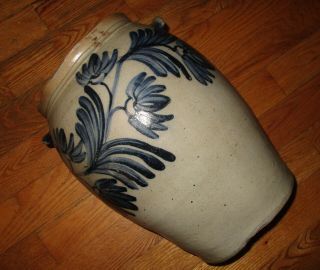 Antique 19th C Stoneware Flower Decorated Ovoid Maryland Jar Crock 4 Gallon 15 
