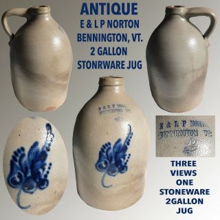 Antique 2 Gallon Stoneware Jug W/ Blue Design By E & Lp Norton Bennington,  Vt.