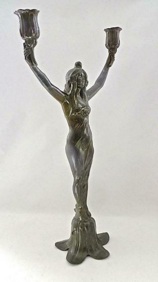 Signed Ch Perron Art Nouveau Bronzed Spelter Lg Figural Pretty Woman Candelabra