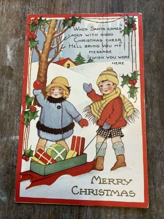 Vintage Whitney 1929 Christmas Postcard Children Toys Sled