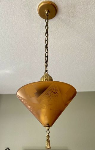 Antique Art Deco Amber Frosted Glass Hanging Pendant Lamp