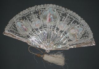Fine Antique French Filigree Carved Mother Of Pearl Painted Scenes Silk Lace Fan