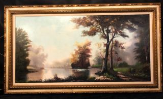 Large Vintage Landscape Oil Painting On Canvas Signed Forest Framed 56 "