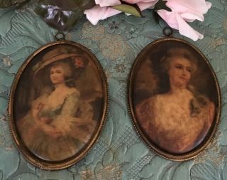 Lovely Pair French Oval Portraits Ladies Tin Graphic Frames 1920s Victorian 5