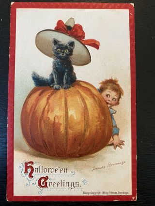 Vintage Halloween Postcard Boy W/ Jack O Lantern & Black Cat.  No 120 Brundage