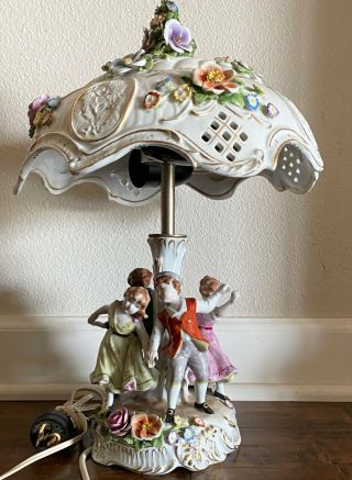 Rare Antique Capodimonte Italian Porcelain Table Lamp Children Holding Hands