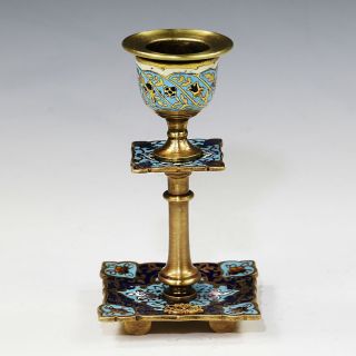 Antique Candleholder Notre Dame French Gilt Bronze Enamel Champleve Cloisonne