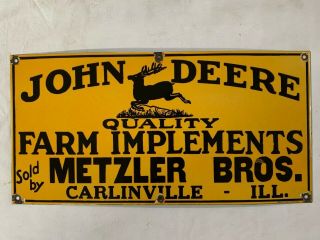 Vintage Porcelain John Deere Farm Implements Metzler Bros 24”x12” Enamel Sign