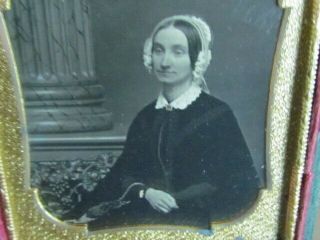 Victorian Woman Sitting In Front Of Pillar Backdrop Daguerreotype Photograph