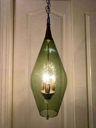 Vintage Green Glass Hanging Ceiling Swag Lamp Light Mid Century Modern Retro 2