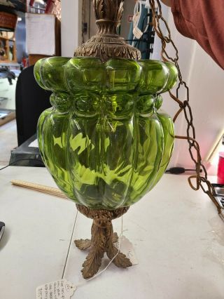Vintage Mid - Century Modern Green Glass Hanging Swag Lamp / Light 60s Retro