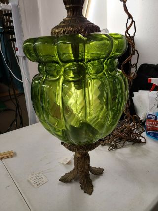Vintage Mid - Century Modern Green Glass Hanging Swag Lamp / Light 60s RETRO 2