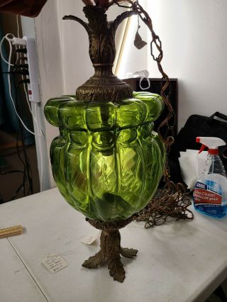 Vintage Mid - Century Modern Green Glass Hanging Swag Lamp / Light 60s RETRO 3