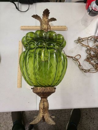 Vintage Mid - Century Modern Green Glass Hanging Swag Lamp / Light 60s RETRO 4