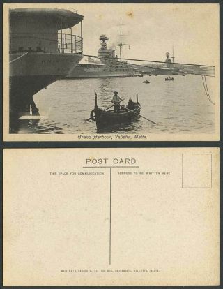 Malta Old Postcard Grand Harbour Valletta Knight Of Malta War Ships Dghaisa Boat